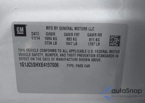 2014 Chevrolet Sonic Lt Auto from USA, damaged, VIN 1G1JC5SHXE4157006